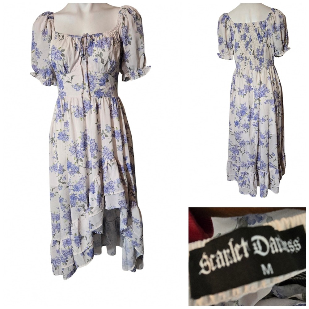 Scarlet Darkness Floral Cottagecore High Low Midi Dress Purple Cream Size M